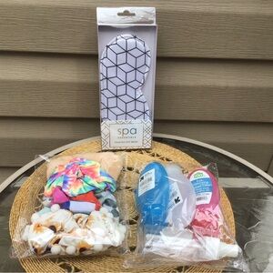 NEW Spa Essentials Eye Mask, Hair Scrunchies, 3 OZ Travel Bottles